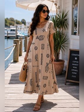 Laguna Bay USA Fish Print Midi Dress Small Coastal Cotton Blend Vintage